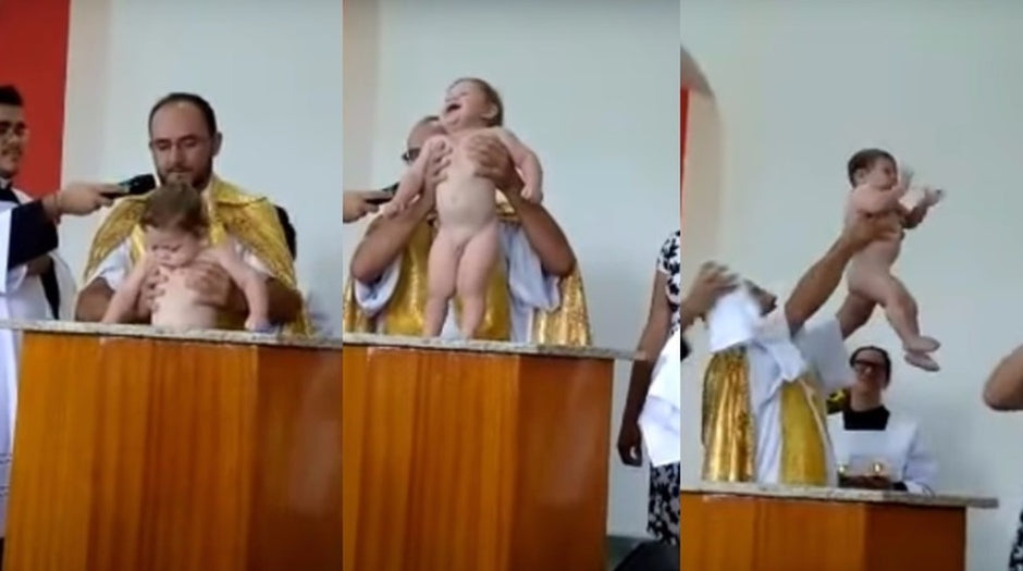 Bebê ri e bate palma durante o próprio batizado e vídeo viraliza